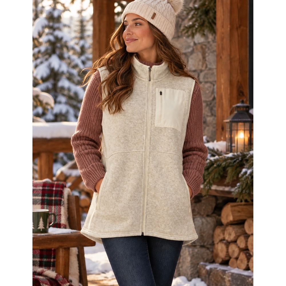LL Bean Women's Sweater Fleece Long Vest Sailcloth White L Petite NWOT Cabincore